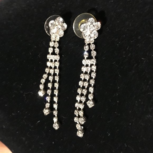 Jewelry - Crystal Flower Pierced Earrings with 2" Crystal Dangles - Picture 1 of 4